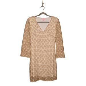 LILLY PULITZER $178 Long Sleeve Jade Shift Dress Gold Zig Zag Crochet Small